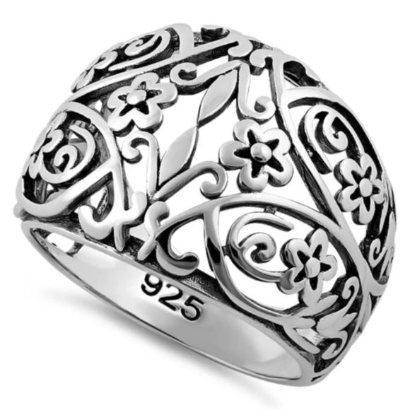 925 STERLING SILVER Open Work Floral Dome Ring - Picture 13 of 16